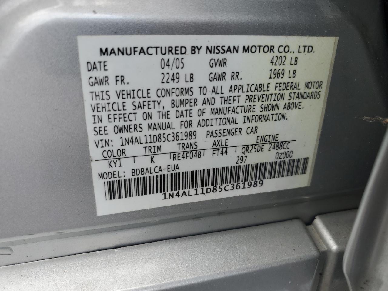 2005 Nissan Altima S VIN: 1N4AL11D85C361989 Lot: 84272505
