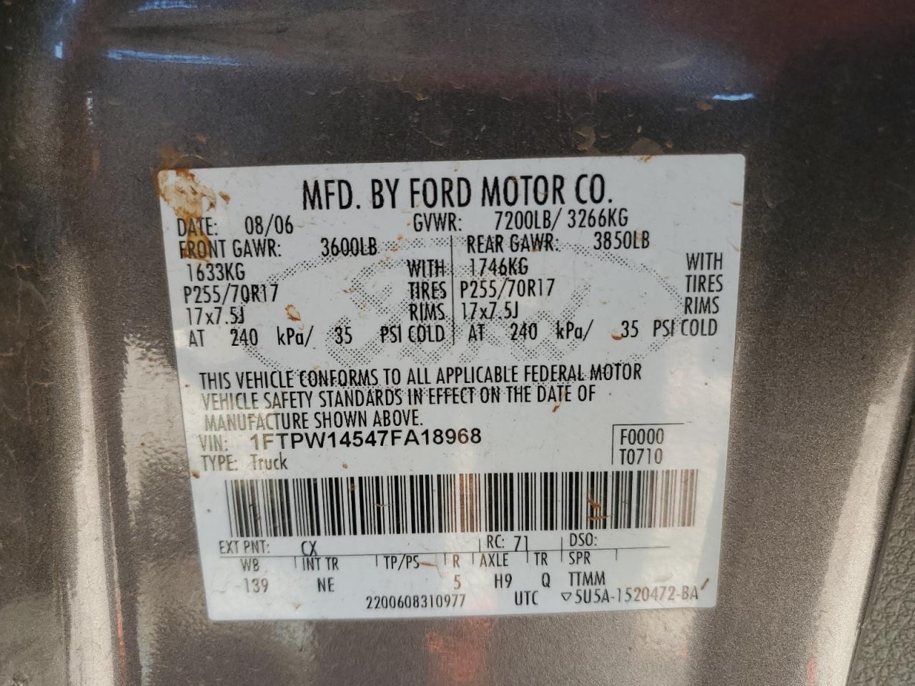 2007 Ford F150 Supercrew VIN: 1FTPW14547FA18968 Lot: 80839635