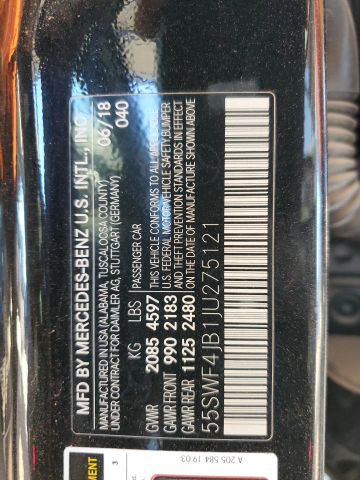 2018 Mercedes-Benz C 300 VIN: 55SWF4JB1JU275121 Lot: 80291565