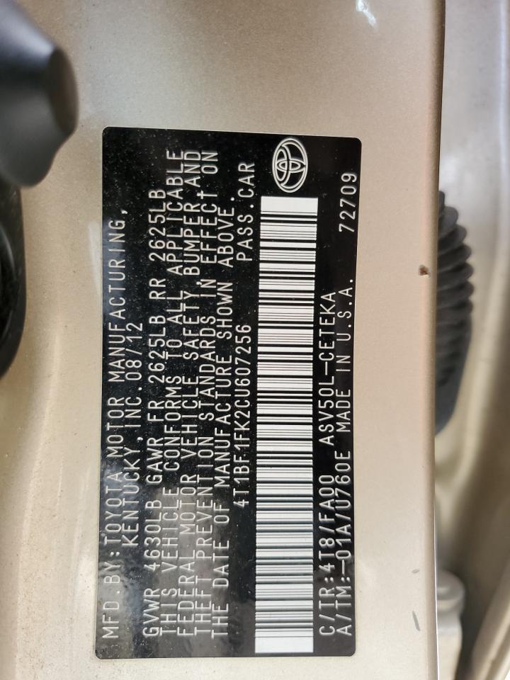 2012 Toyota Camry Base VIN: 4T1BF1FK2CU607256 Lot: 81913935