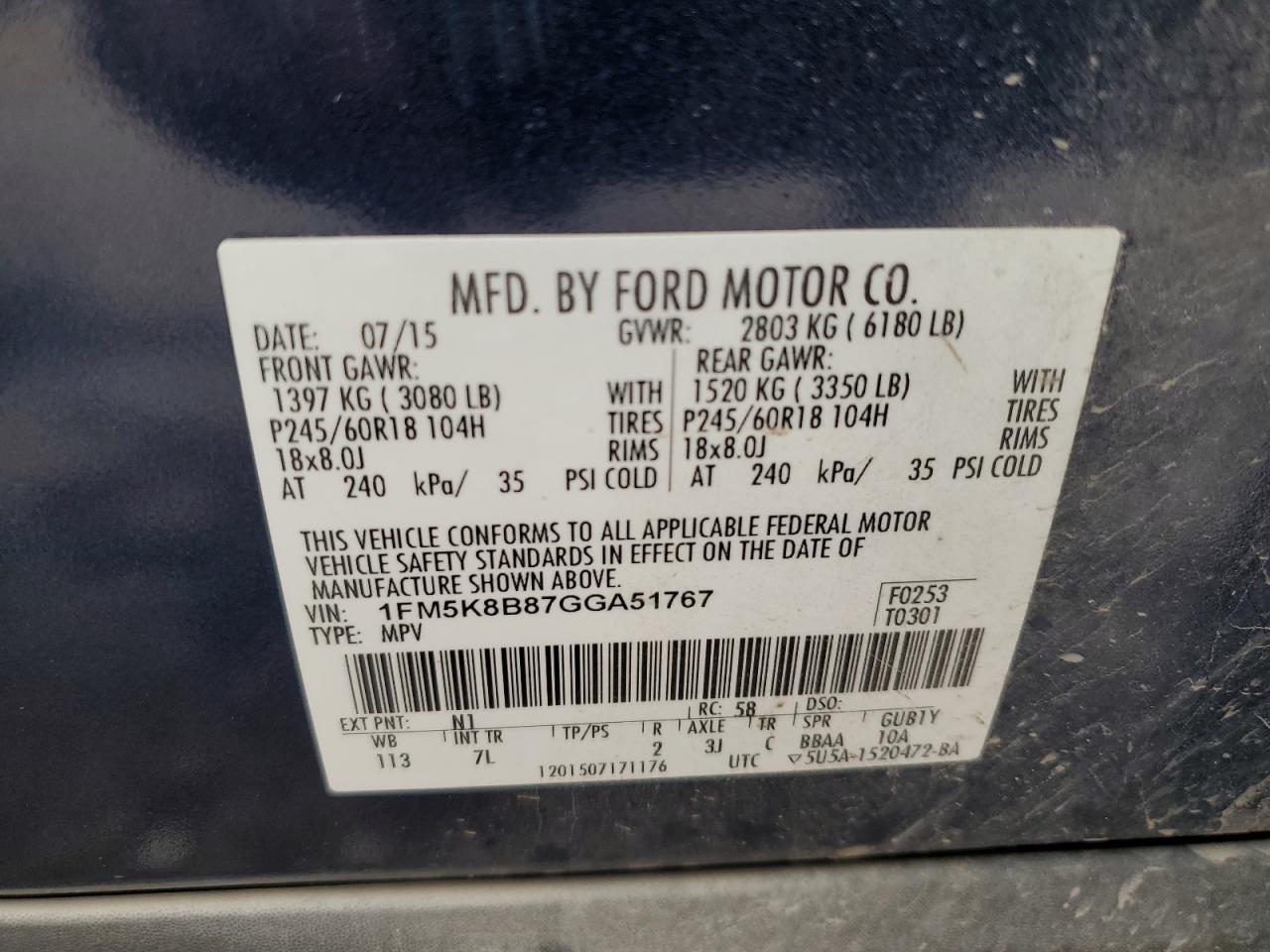 2016 Ford Explorer VIN: 1FM5K8B87GGA51767 Lot: 81613965