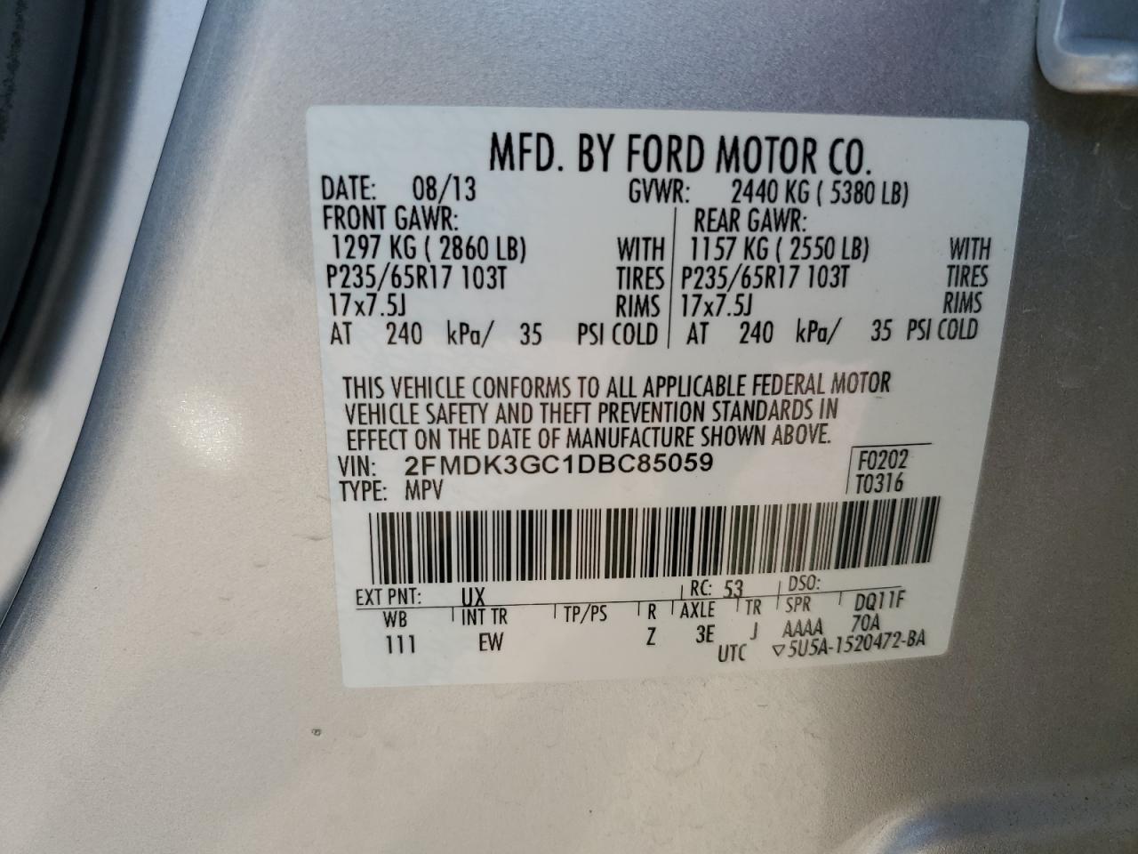 2013 Ford Edge Se VIN: 2FMDK3GC1DBC85059 Lot: 81147125