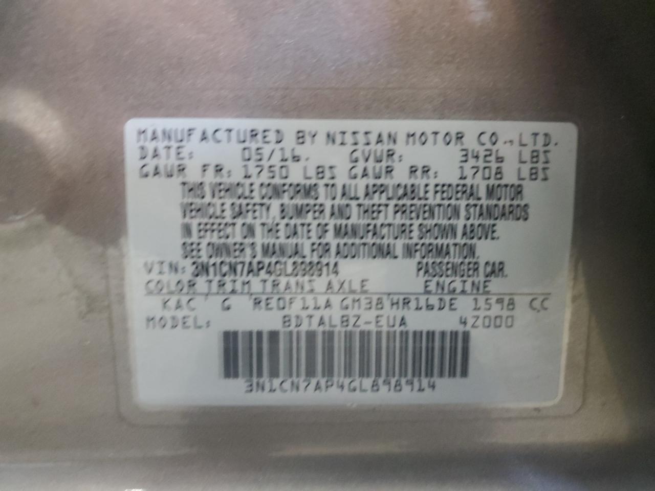 2016 Nissan Versa S VIN: 3N1CN7AP4GL898914 Lot: 82026635