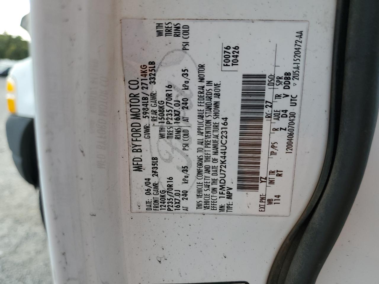 2004 Ford Explorer Xls VIN: 1FMDU72K44UC23164 Lot: 80300495