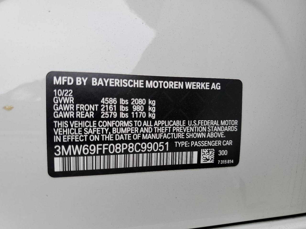 2023 BMW 330I VIN: 3MW69FF08P8C99051 Lot: 84225115