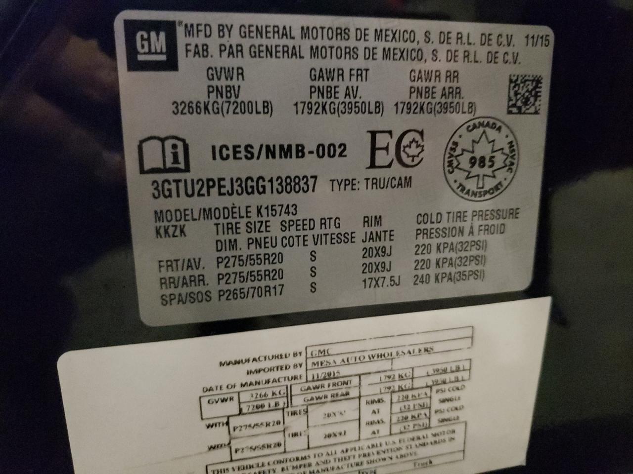 2016 GMC Sierra K1500 Denali VIN: 3GTU2PEJ3GG138837 Lot: 71253755