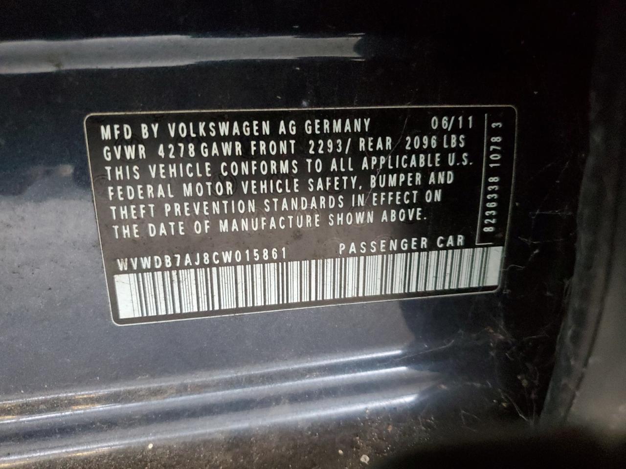 2012 Volkswagen Golf VIN: WVWDB7AJ8CW015861 Lot: 72036725