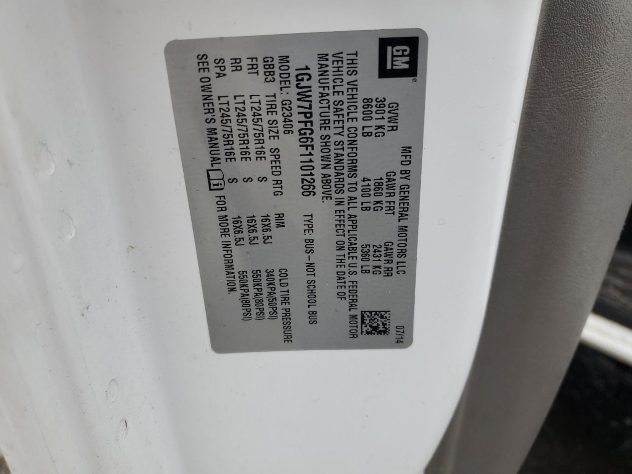 2015 GMC Savana G2500 Ls VIN: 1GJW7PFG6F1101266 Lot: 83972335