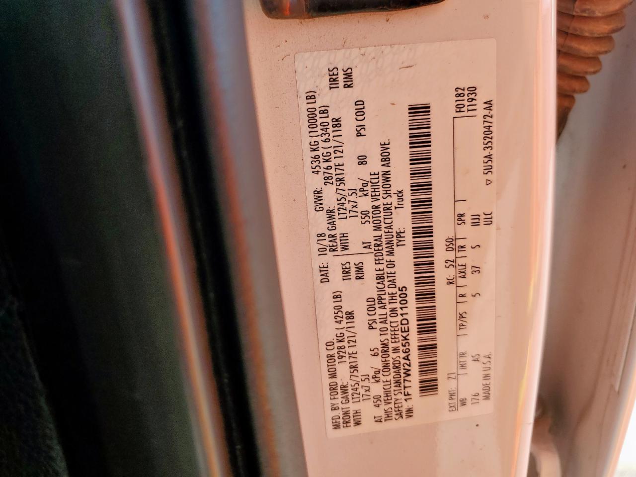 2019 Ford F250 Super Duty VIN: 1FT7W2A65KED11005 Lot: 80029015