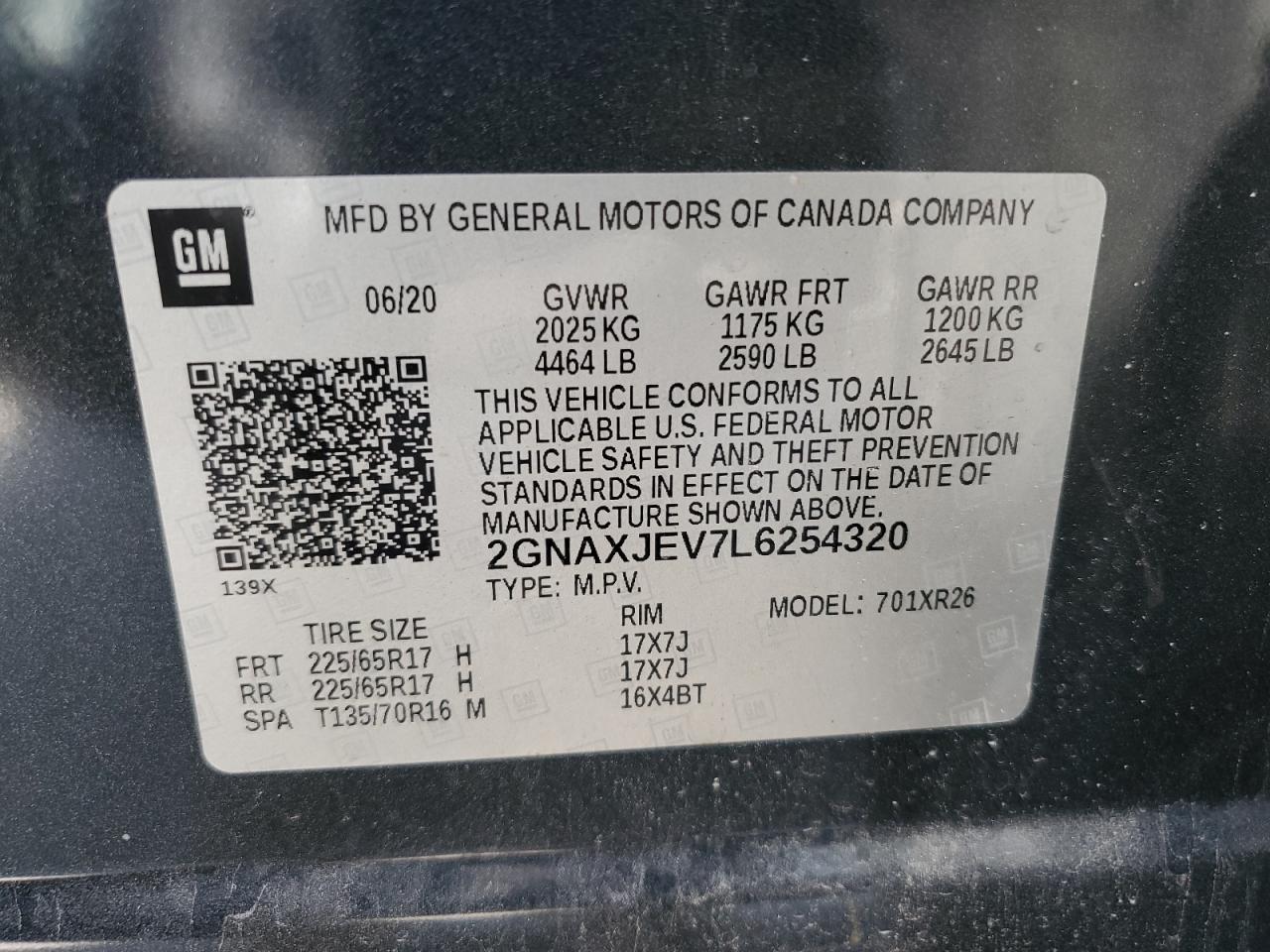 2020 Chevrolet Equinox Lt VIN: 2GNAXJEV7L6254320 Lot: 81402685