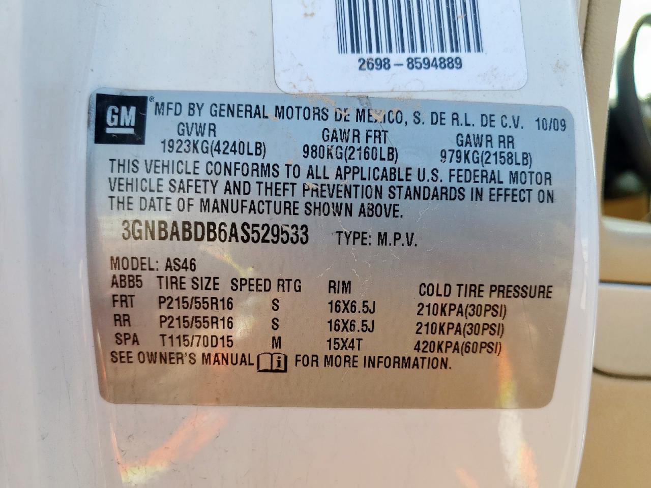 2010 Chevrolet Hhr Lt VIN: 3GNBABDB6AS529533 Lot: 71081305