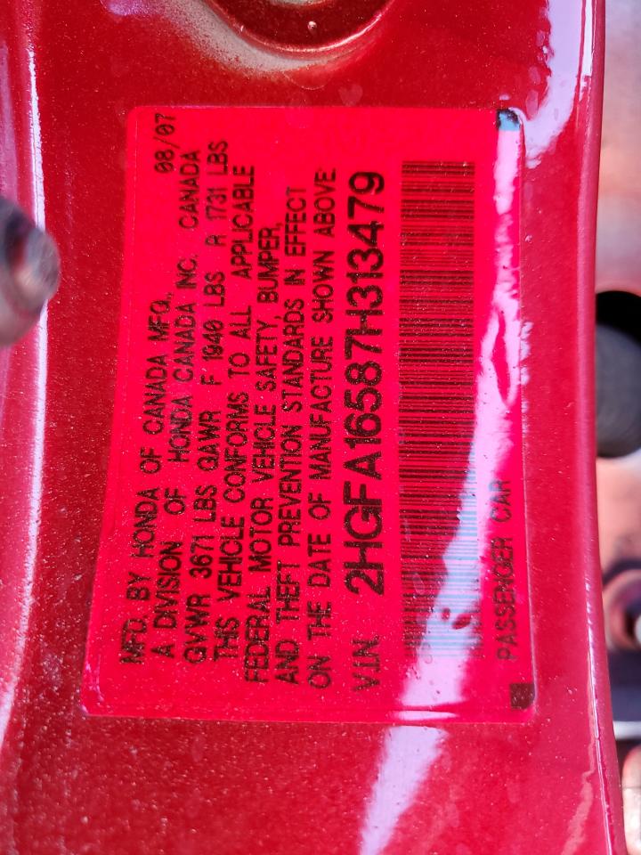 2007 Honda Civic Lx VIN: 2HGFA16587H313479 Lot: 82164925