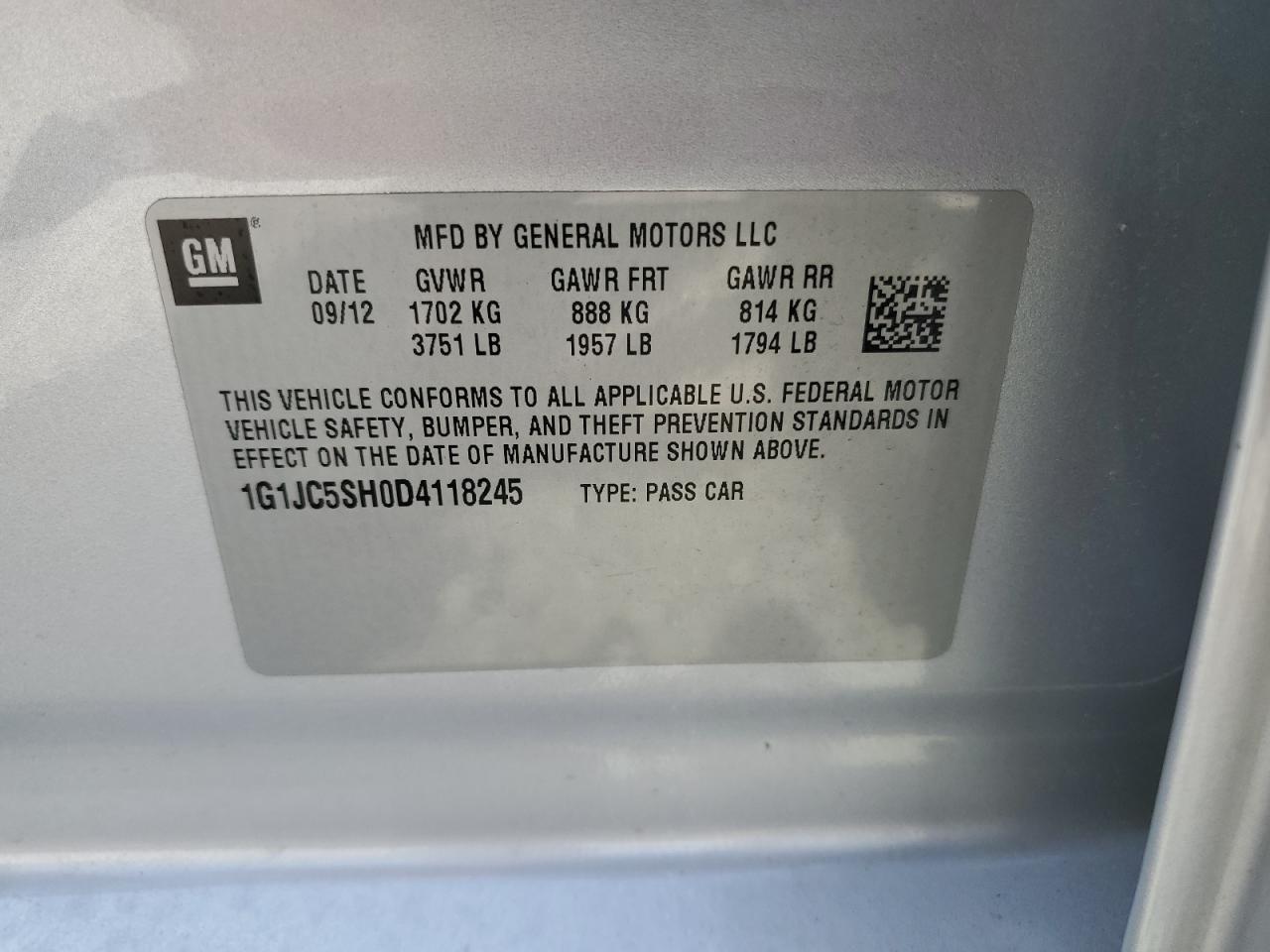 2013 Chevrolet Sonic Lt VIN: 1G1JC5SH0D4118245 Lot: 80635415