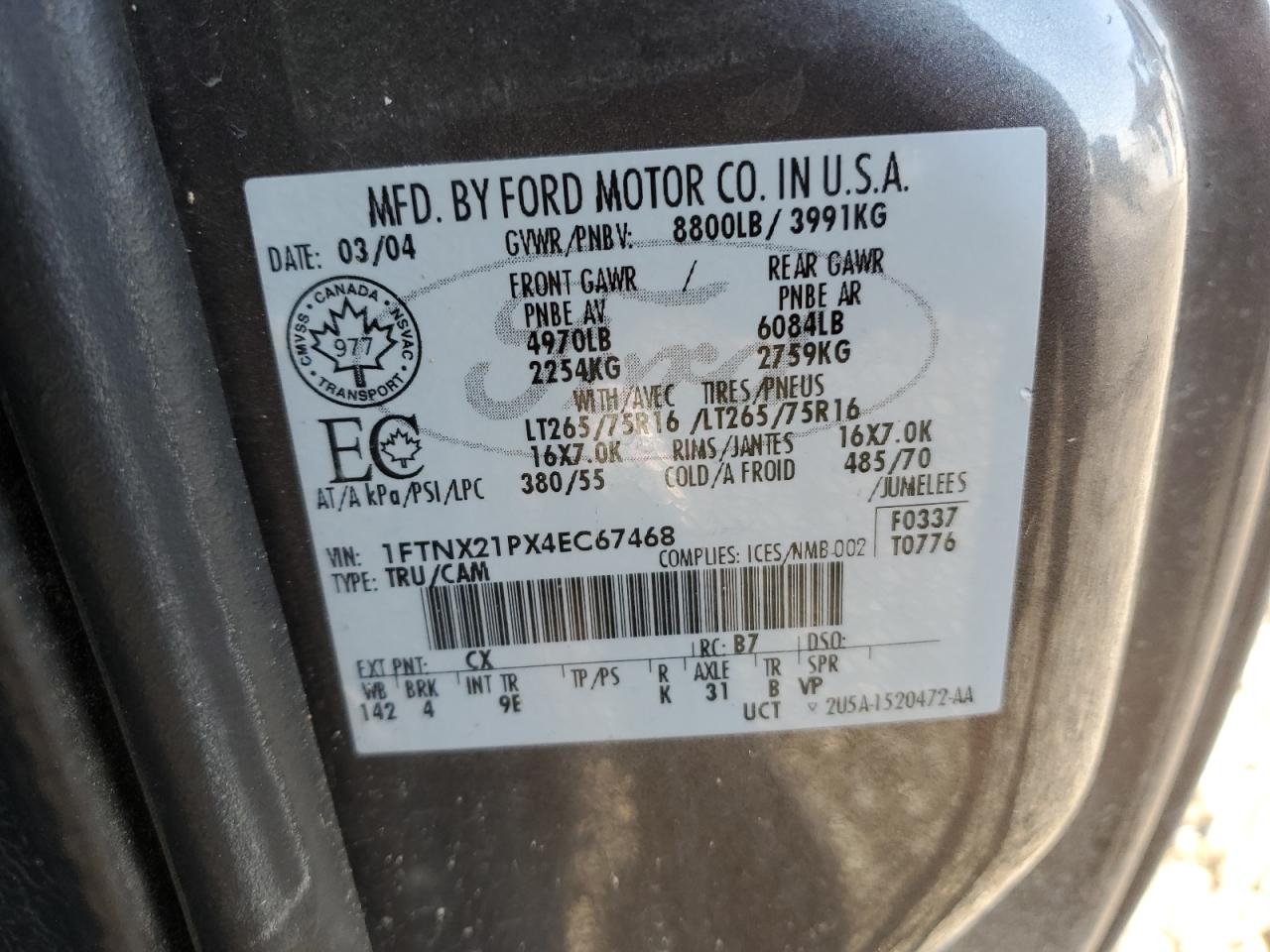 2004 Ford F250 Super Duty VIN: 1FTNX21PX4EC67468 Lot: 71723625