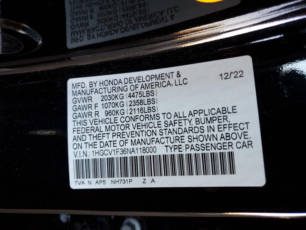 2022 Honda Accord Sport VIN: 1HGCV1F36NA118000 Lot: 81670435