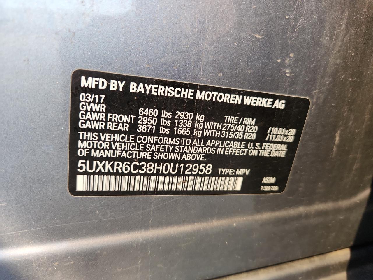 2017 BMW X5 xDrive50I VIN: 5UXKR6C38H0U12958 Lot: 83876775