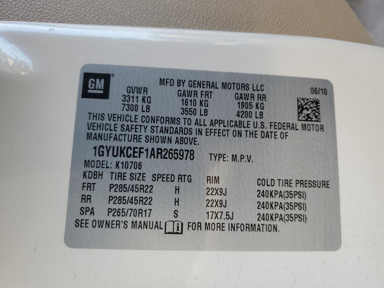 2010 Cadillac Escalade Premium VIN: 1GYUKCEF1AR265978 Lot: 84265465