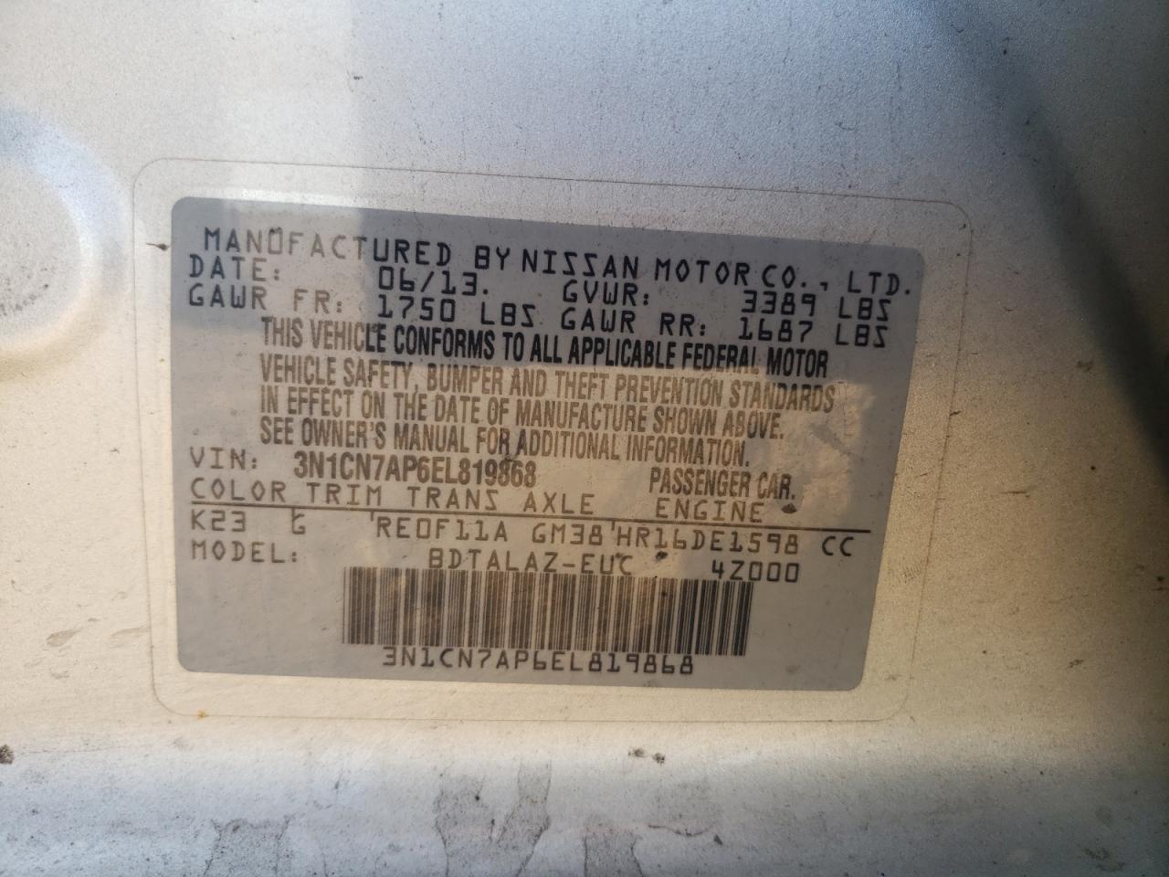 2014 Nissan Versa S VIN: 3N1CN7AP6EL819868 Lot: 80516945