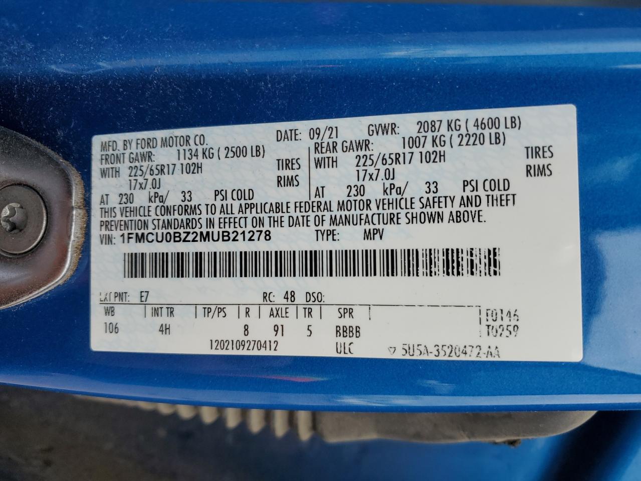 2021 Ford Escape Se VIN: 1FMCU0BZ2MUB21278 Lot: 83754675