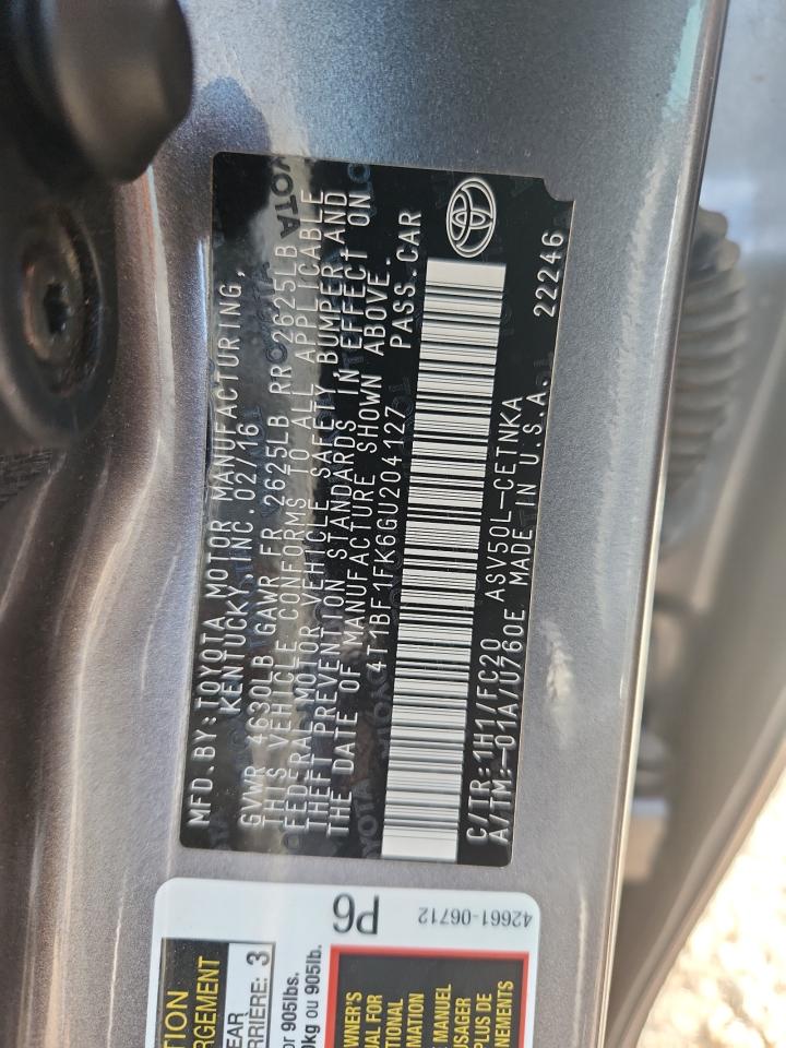 2016 Toyota Camry Le VIN: 4T1BF1FK6GU204127 Lot: 83958275