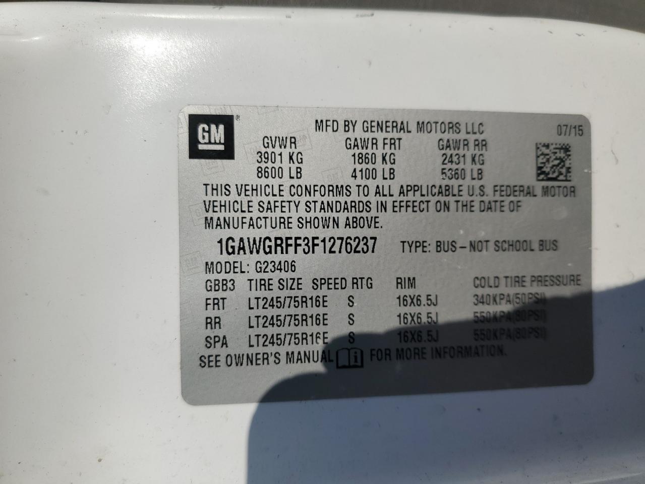 2015 Chevrolet Express G2500 Lt VIN: 1GAWGRFF3F1276237 Lot: 70996145