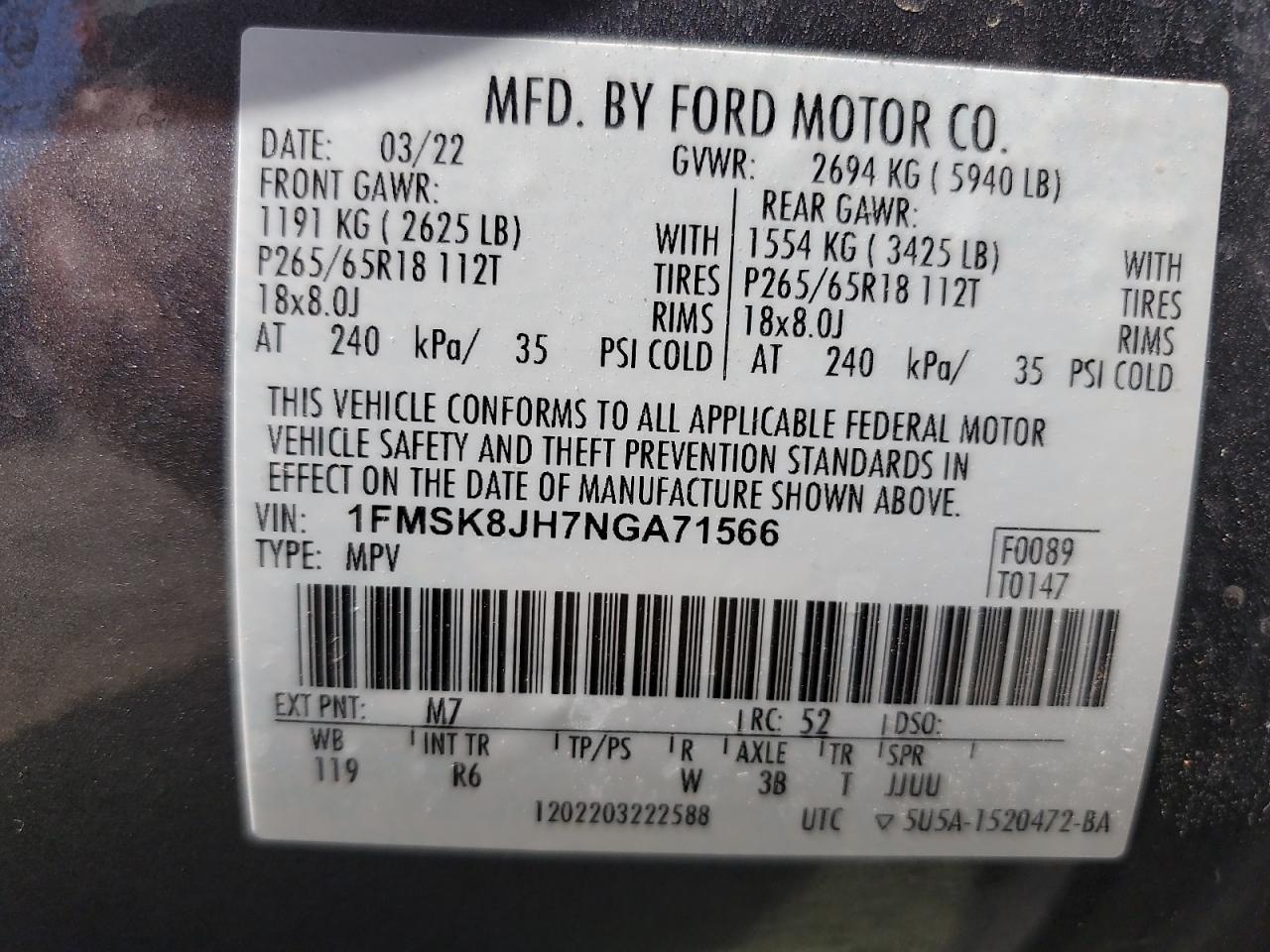 2022 Ford Explorer Timberline VIN: 1FMSK8JH7NGA71566 Lot: 84363935