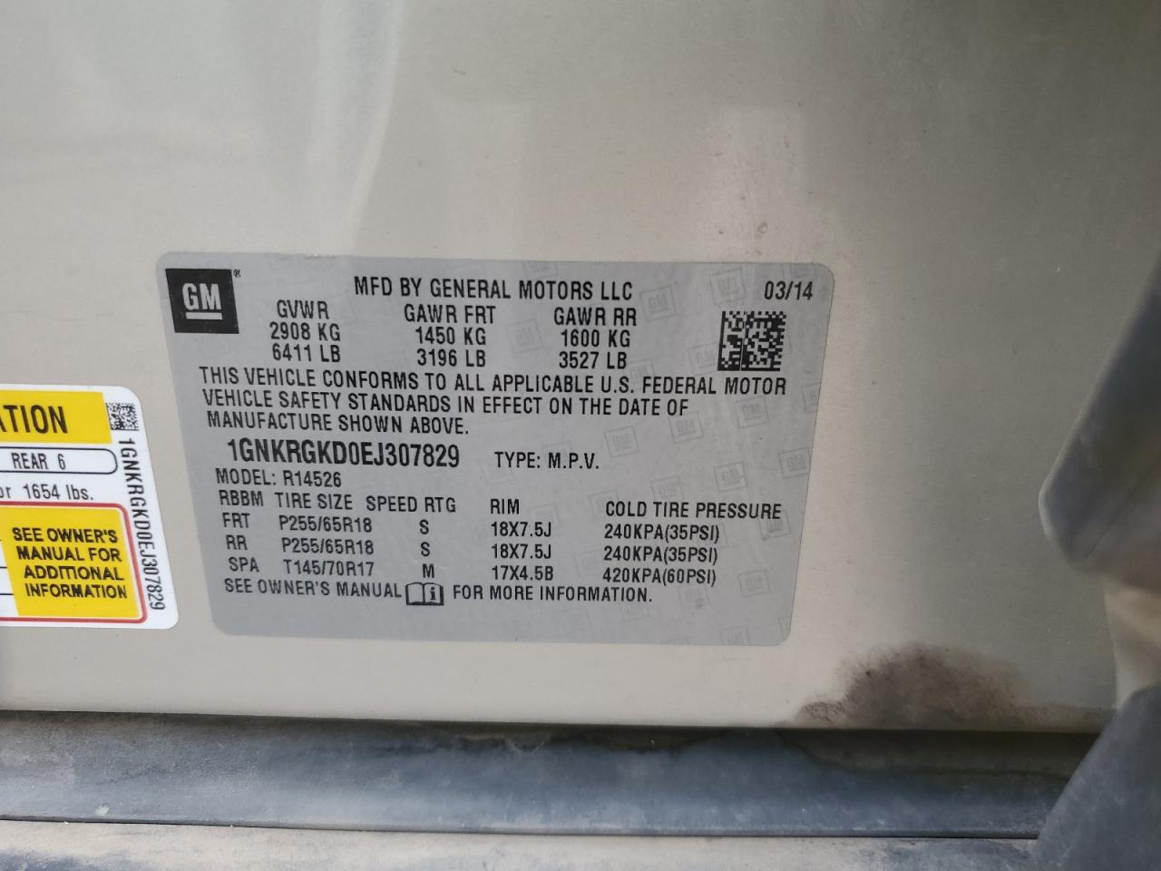 2014 Chevrolet Traverse Lt VIN: 1GNKRGKD0EJ307829 Lot: 71437375