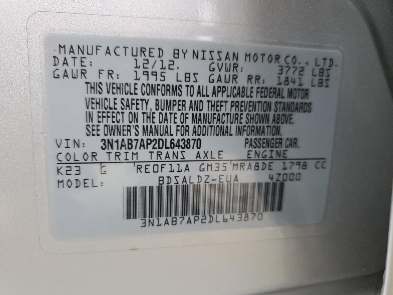 2013 Nissan Sentra S VIN: 3N1AB7AP2DL643870 Lot: 84407035