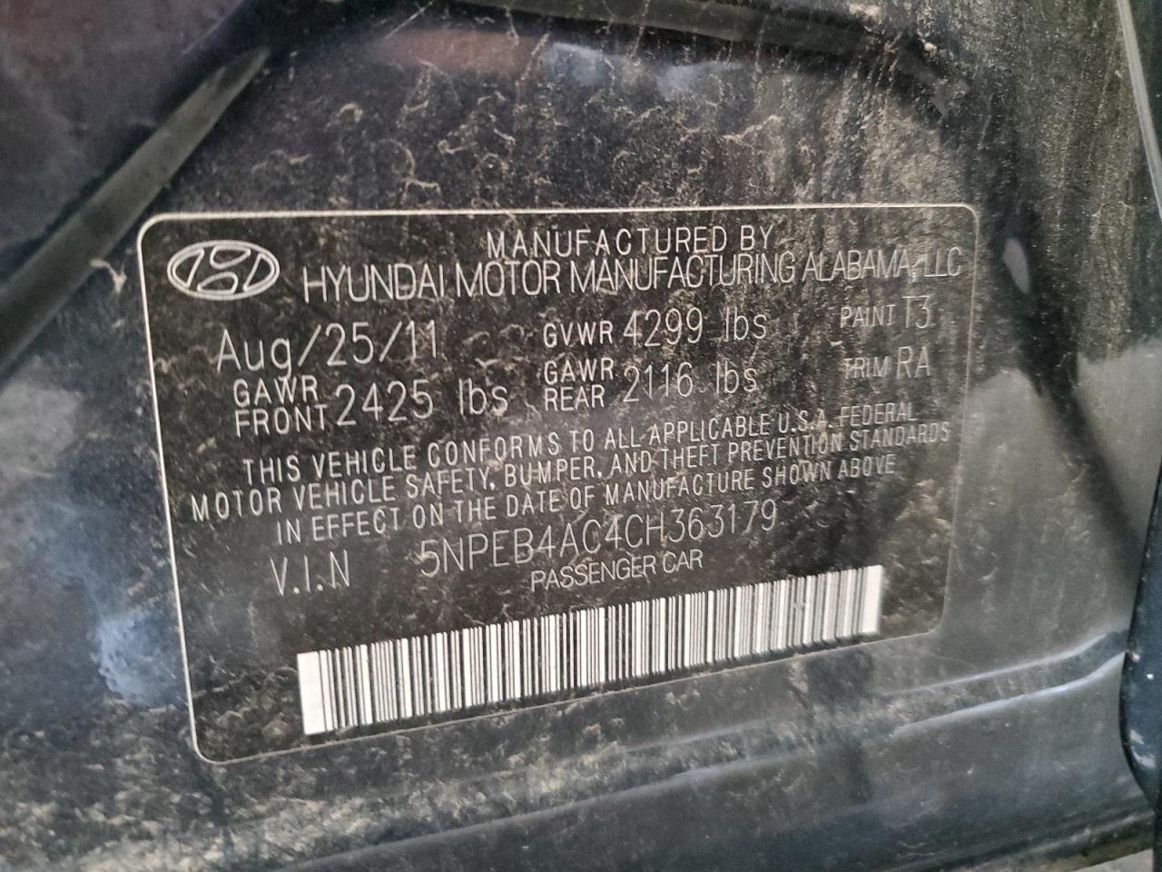 2012 Hyundai Sonata Gls VIN: 5NPEB4AC4CH363179 Lot: 81738945