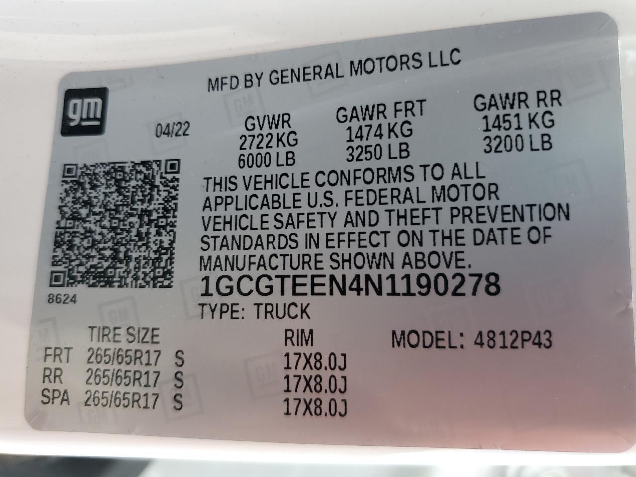 2022 Chevrolet Colorado Zr2 VIN: 1GCGTEEN4N1190278 Lot: 82077555