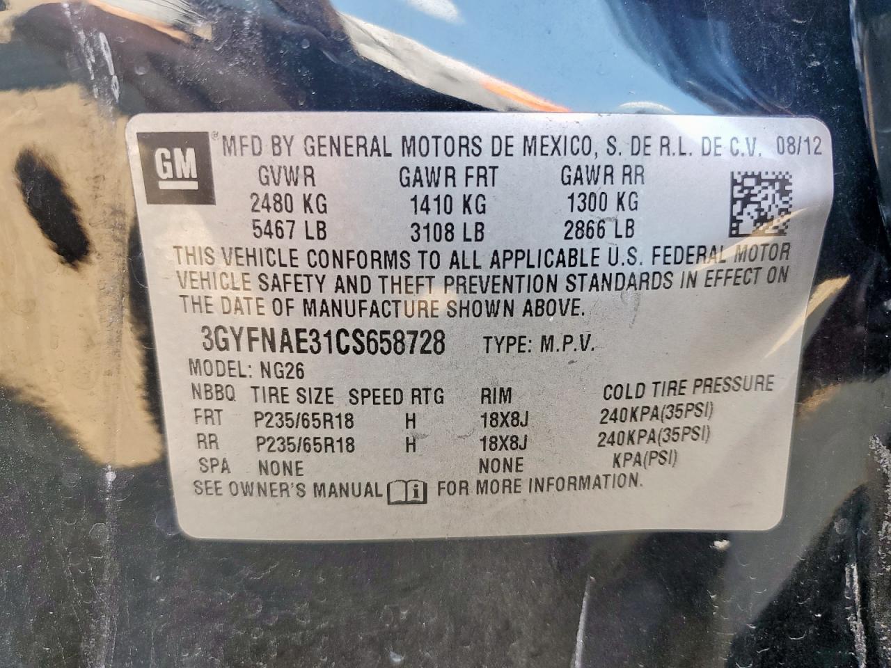 2012 Cadillac Srx Luxury Collection VIN: 3GYFNAE31CS658728 Lot: 81262765