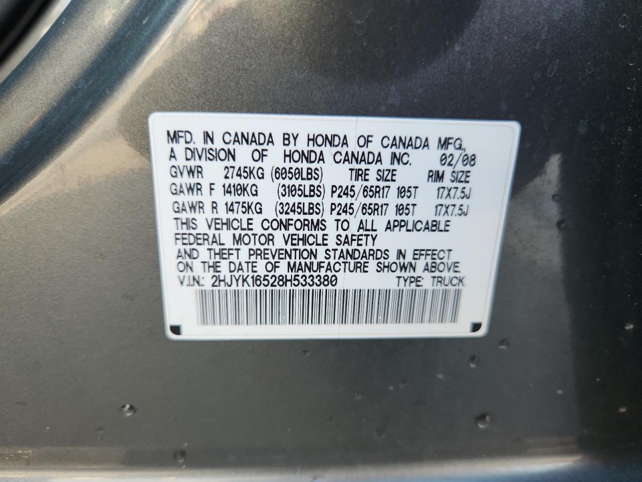 2008 Honda Ridgeline Rtl VIN: 2HJYK16528H533380 Lot: 71186825