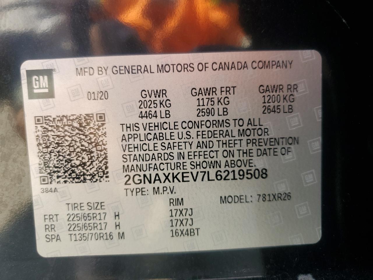 2020 Chevrolet Equinox Lt VIN: 2GNAXKEV7L6219508 Lot: 80517195