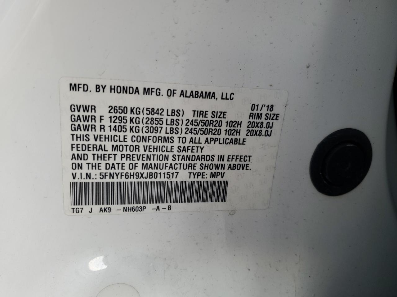 2018 Honda Pilot Touring VIN: 5FNYF6H9XJB011517 Lot: 80257315