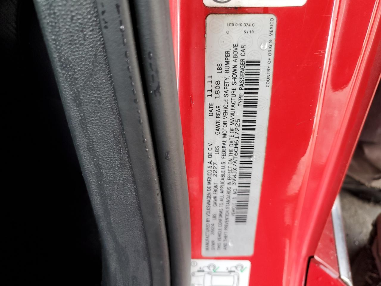 2012 Volkswagen Beetle VIN: 3VWJX7AT6CM617225 Lot: 81282485