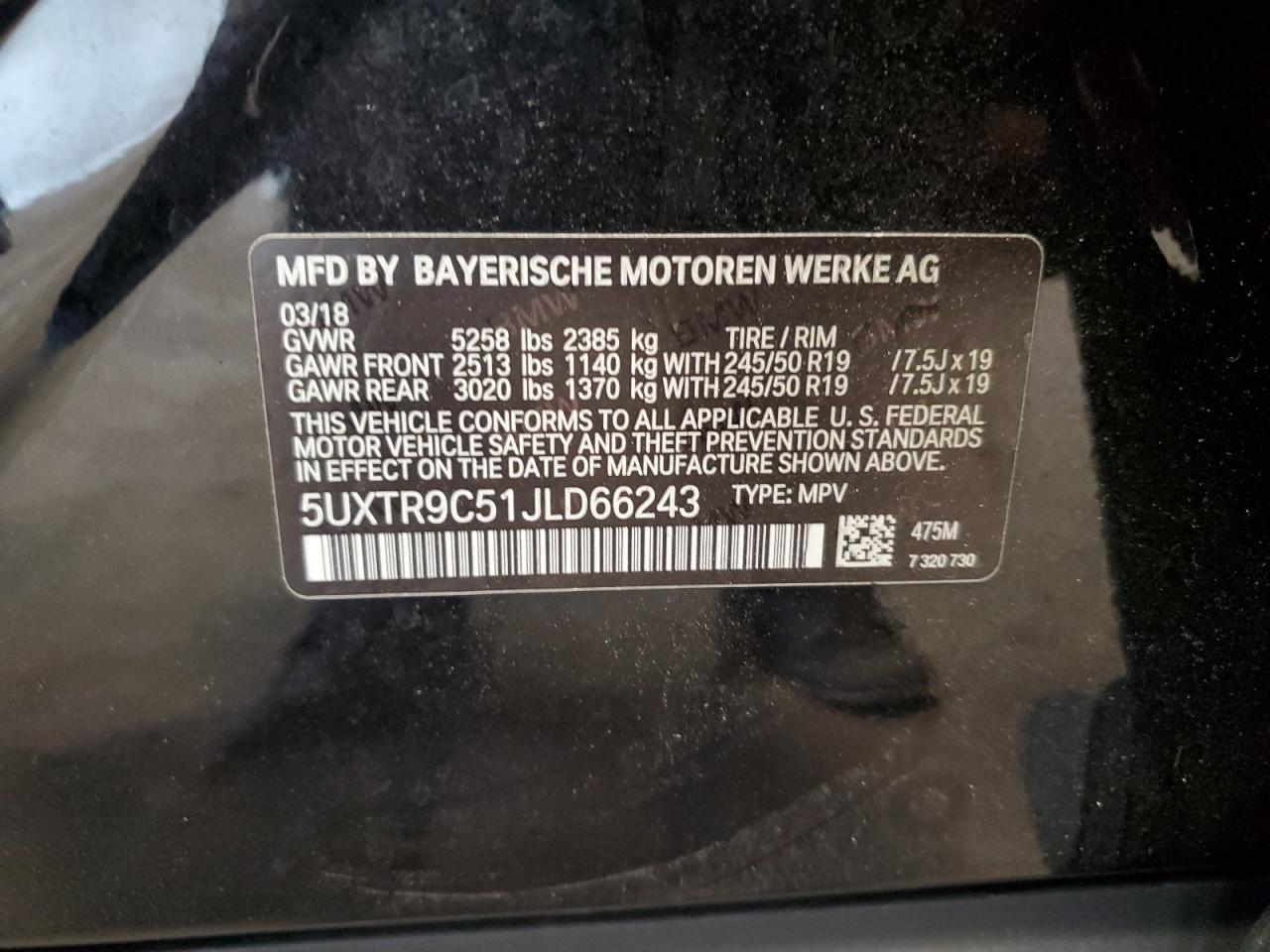 2018 BMW X3 xDrive30I VIN: 5UXTR9C51JLD66243 Lot: 81274465