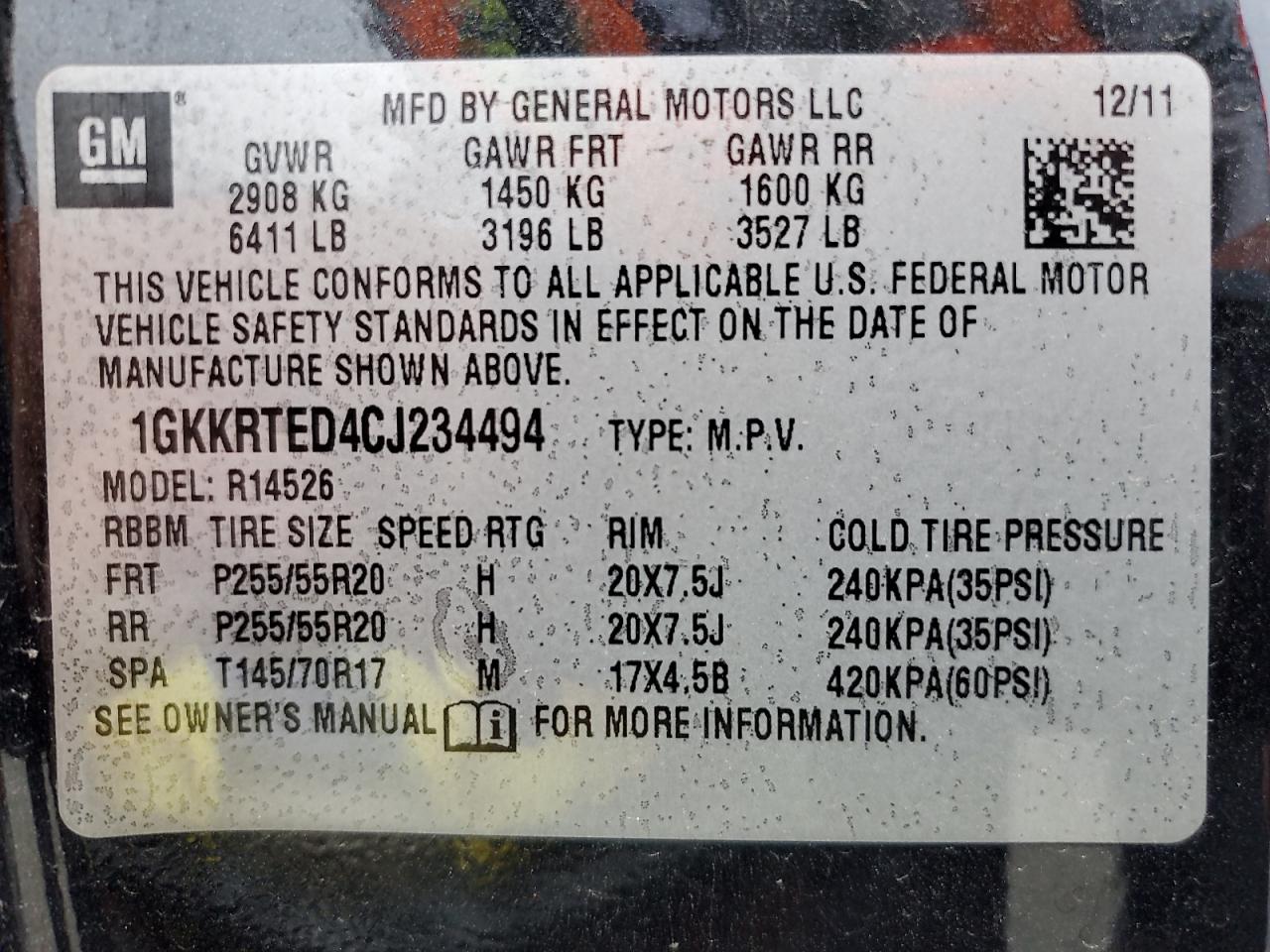 2012 GMC Acadia Denali VIN: 1GKKRTED4CJ234494 Lot: 84446785
