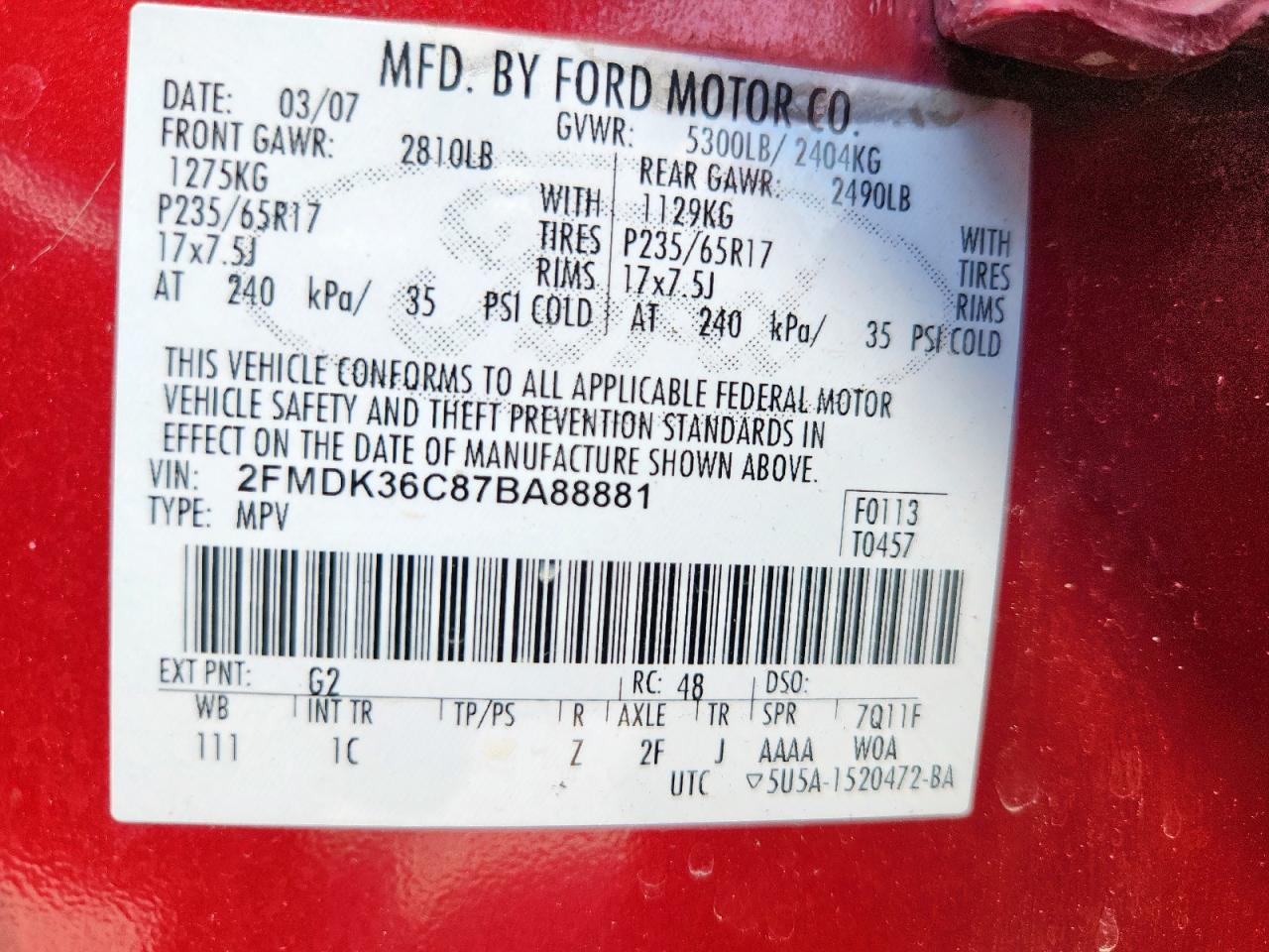 2007 Ford Edge Se VIN: 2FMDK36C87BA88881 Lot: 81577935