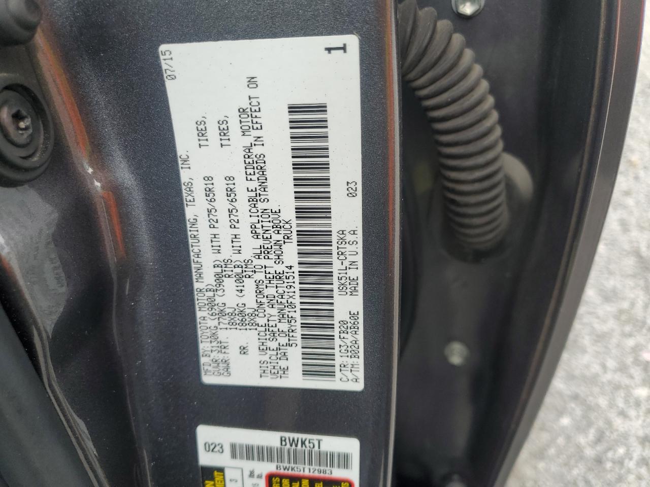 2015 Toyota Tundra Double Cab Sr VIN: 5TFRY5F10FX191514 Lot: 81761785