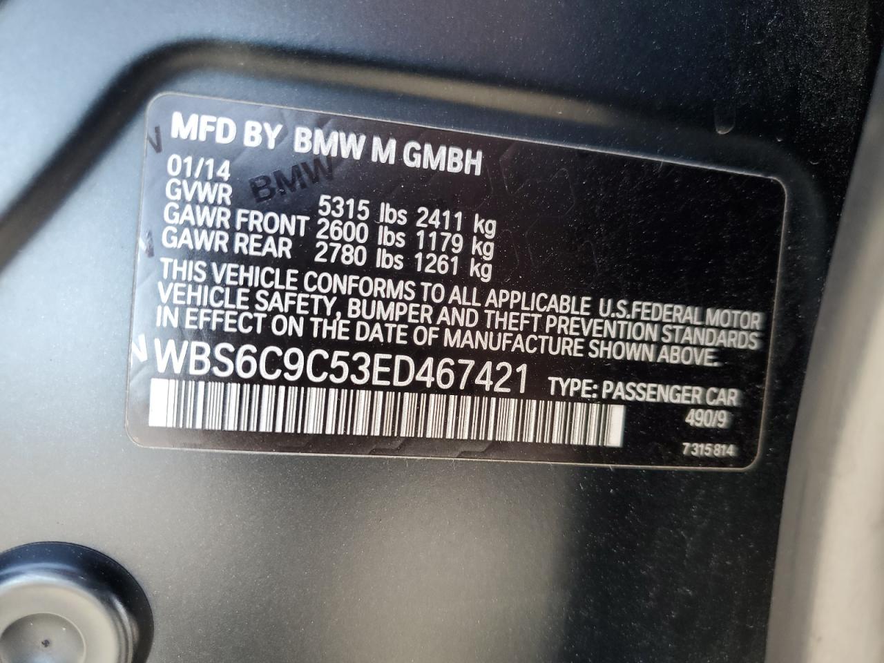 2014 BMW M6 Gran Coupe VIN: WBS6C9C53ED467421 Lot: 81241405