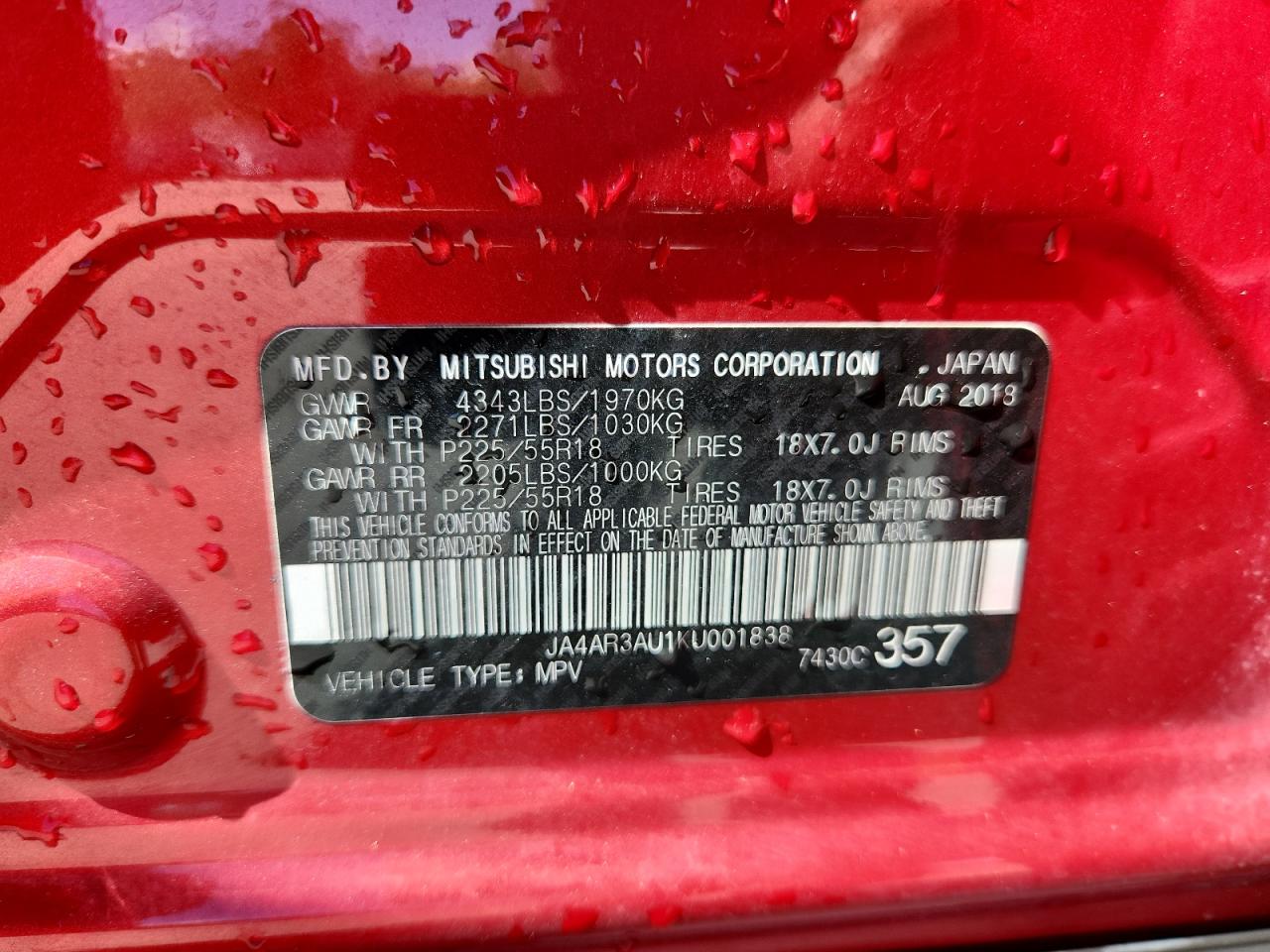 2019 Mitsubishi Outlander Sport Es VIN: JA4AR3AU1KU001838 Lot: 80337715