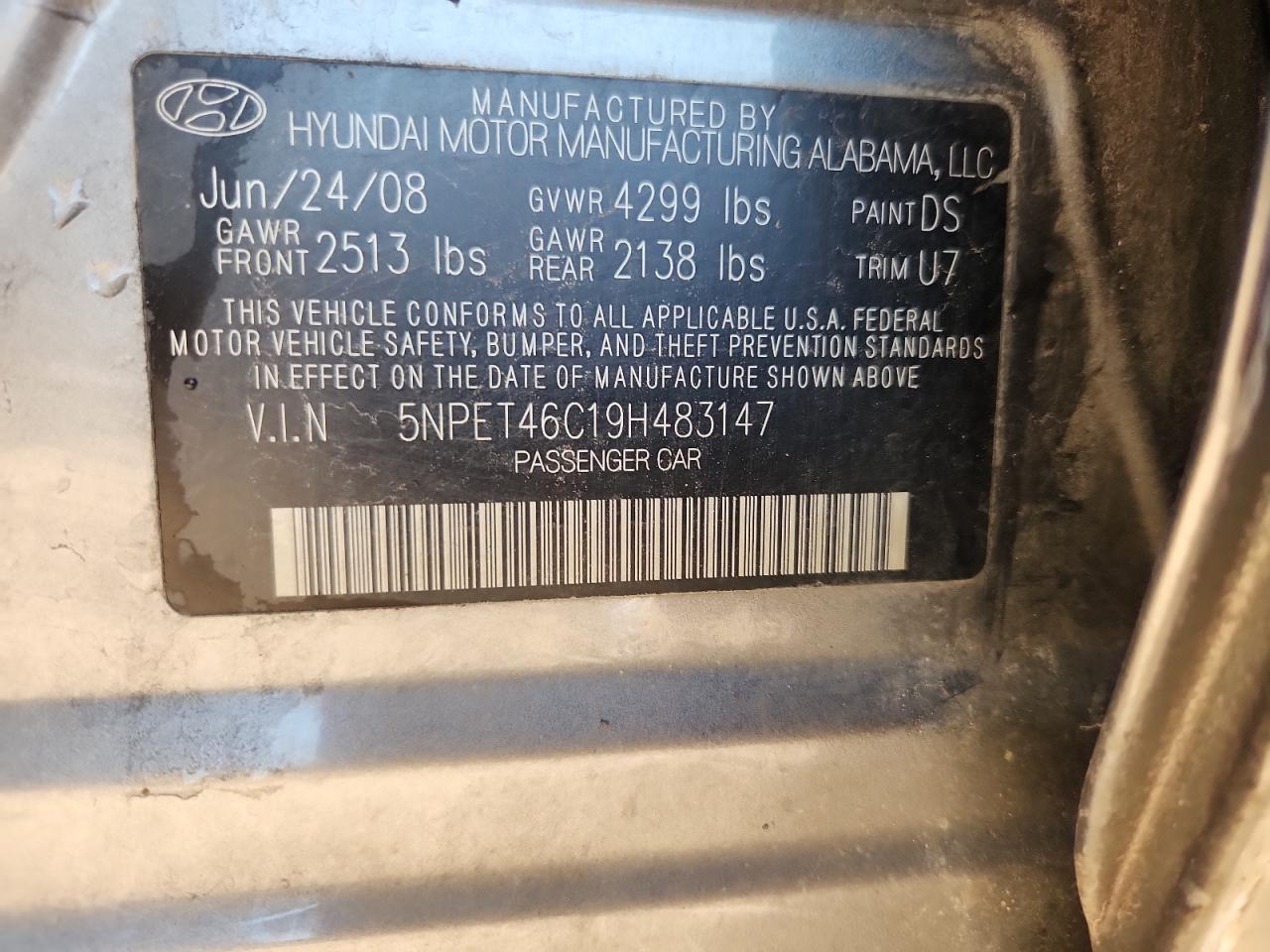 2009 Hyundai Sonata Gls VIN: 5NPET46C19H483147 Lot: 80840585