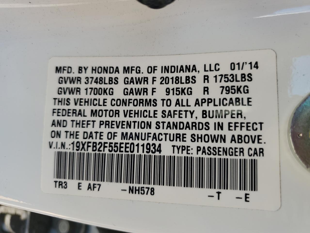 2014 Honda Civic Lx VIN: 19XFB2F55EE011934 Lot: 72028665