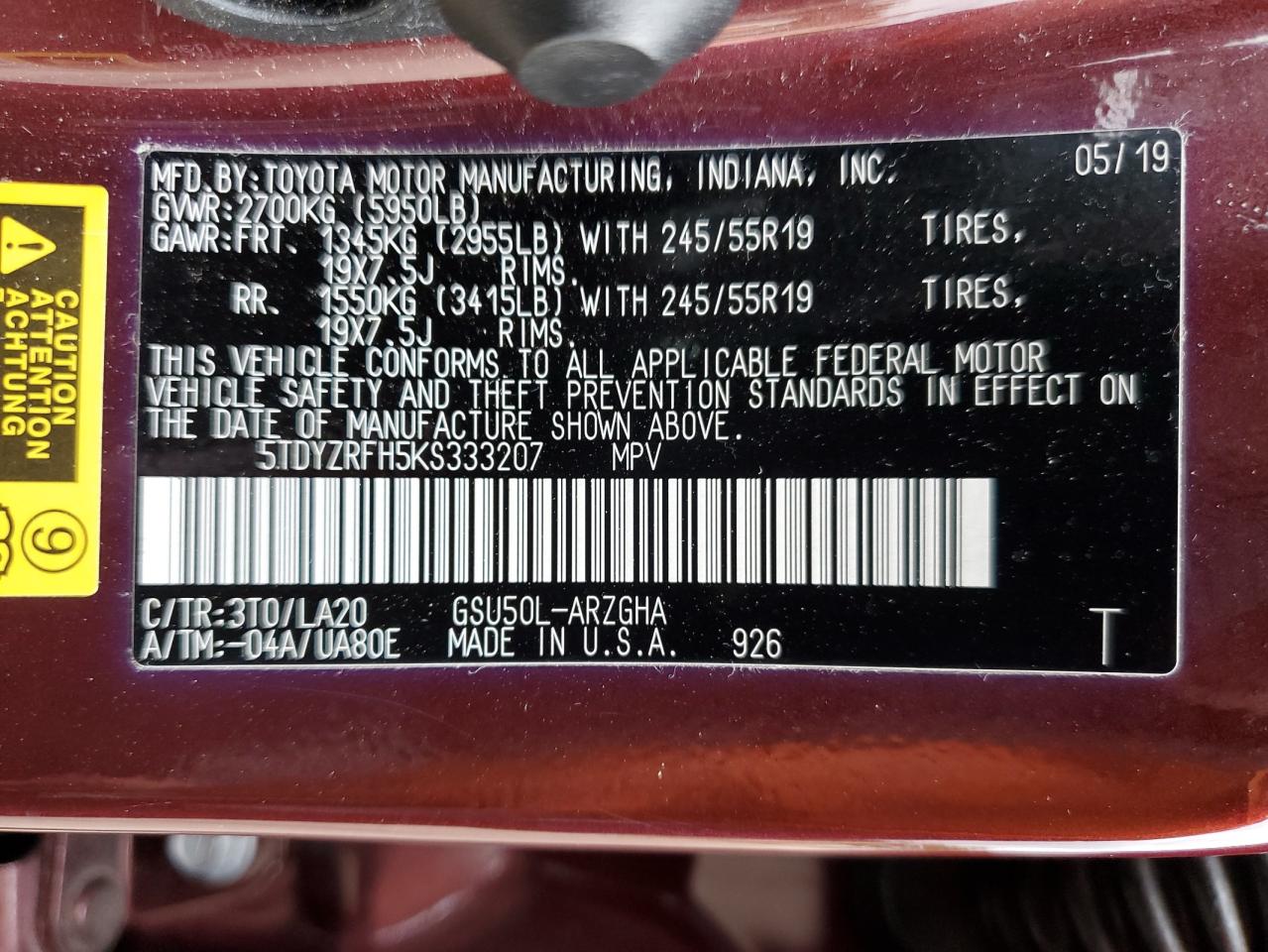 2019 Toyota Highlander Limited VIN: 5TDYZRFH5KS333207 Lot: 84722255