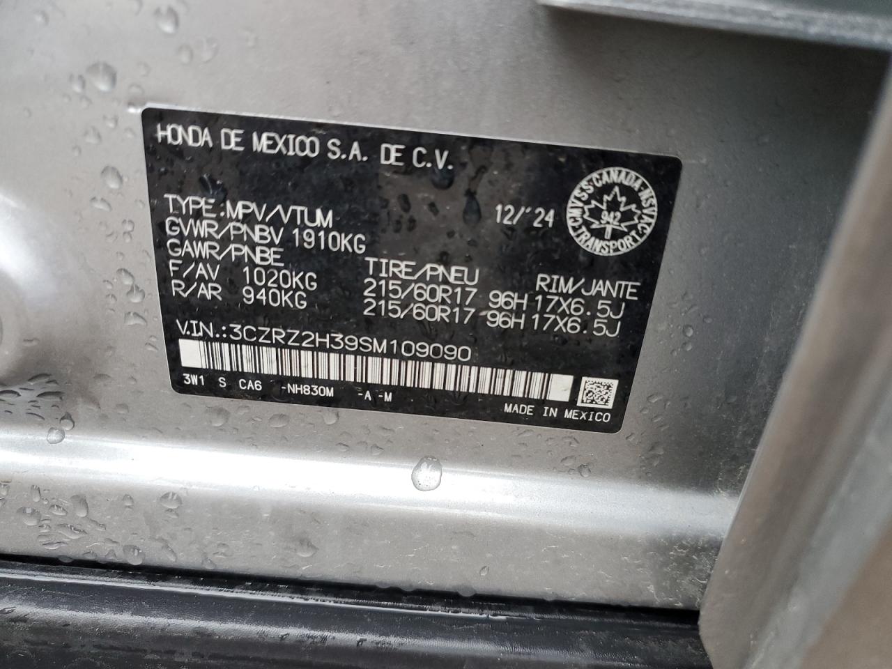 2025 Honda Hr-V Lx VIN: 3CZRZ2H39SM109090 Lot: 71000285