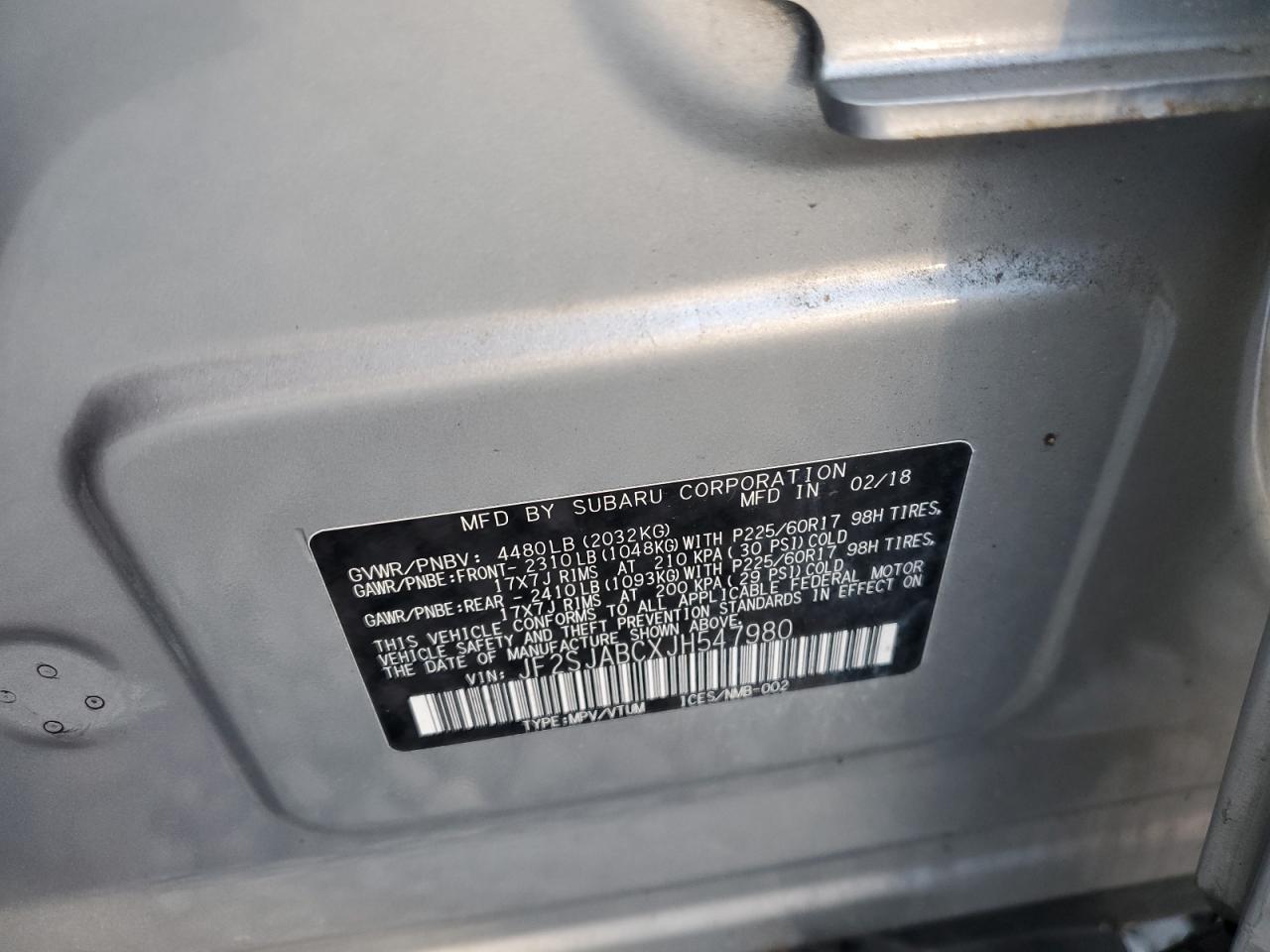2018 Subaru Forester 2.5I VIN: JF2SJABCXJH547980 Lot: 84173155