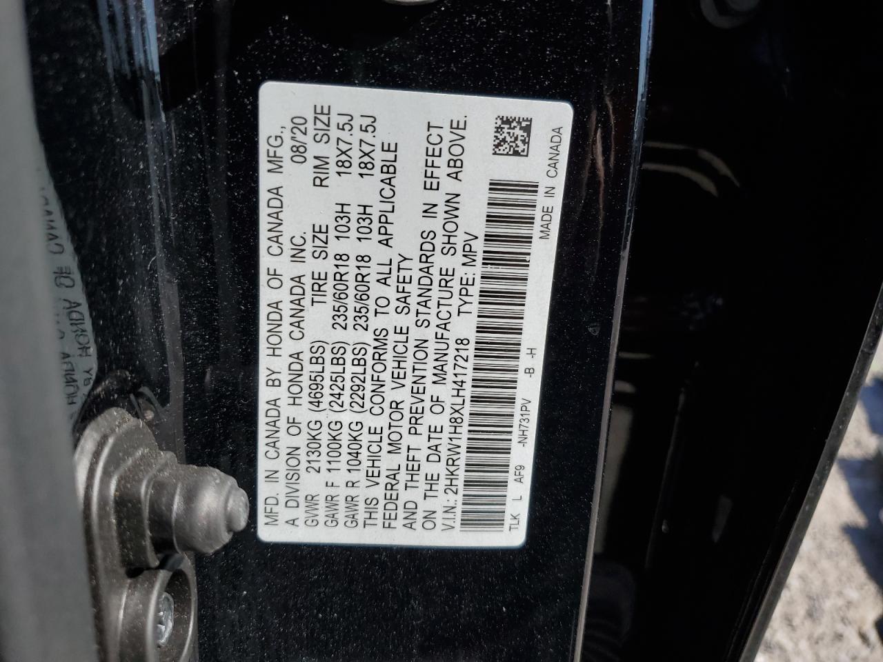 2020 Honda Cr-V Exl VIN: 2HKRW1H8XLH417218 Lot: 80626465