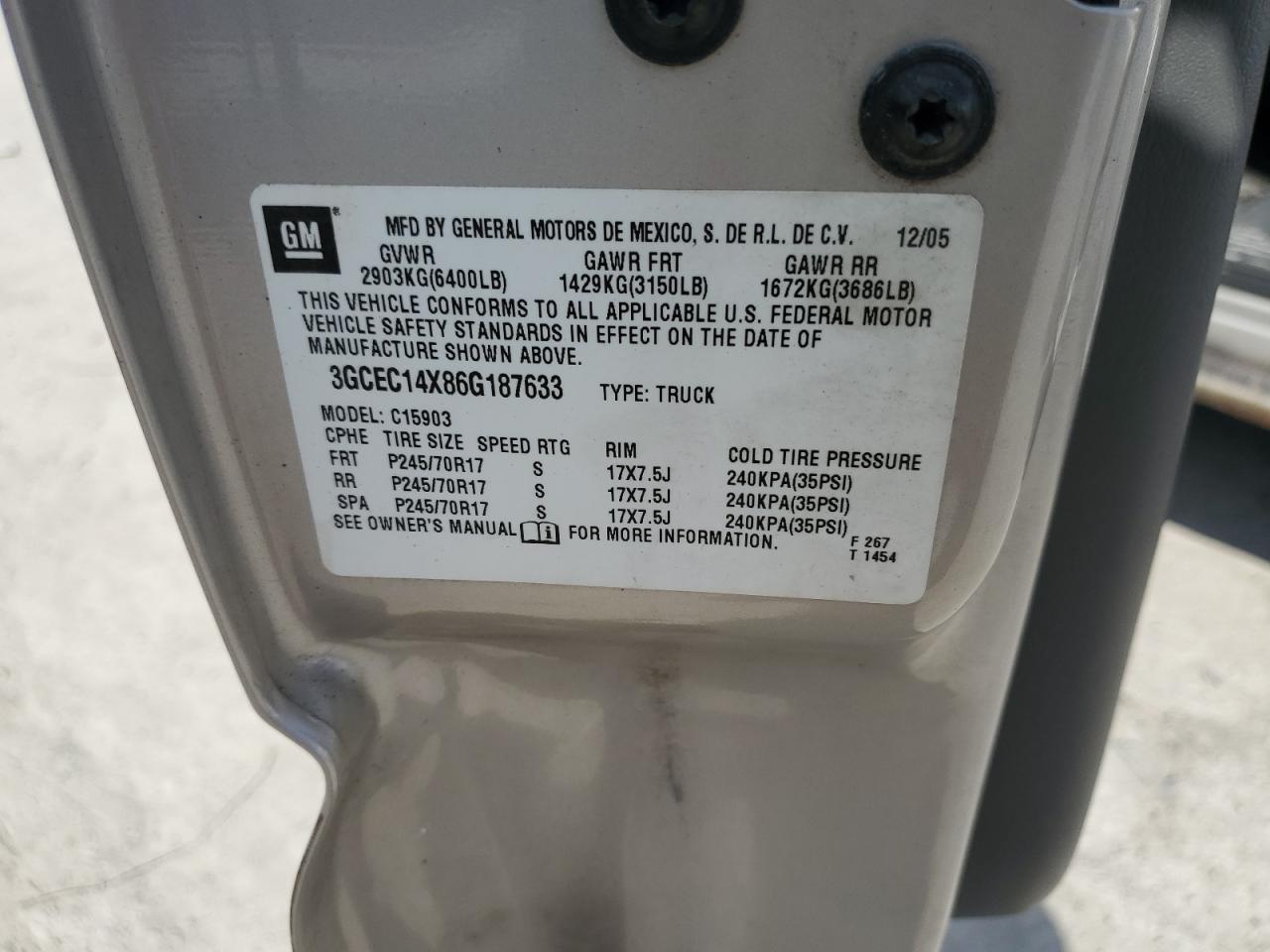 2006 Chevrolet Silverado C1500 VIN: 3GCEC14X86G187633 Lot: 84458865