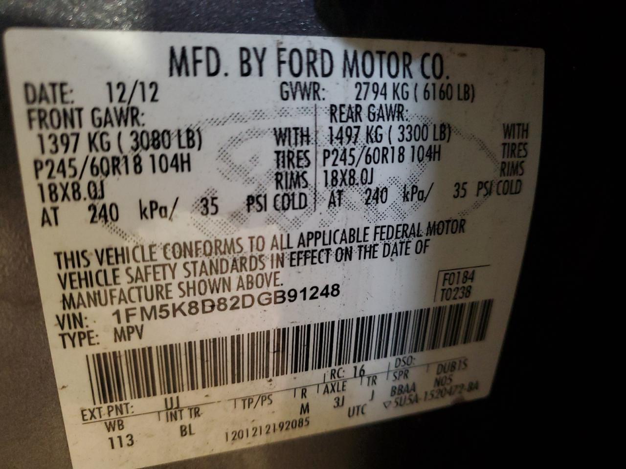 2013 Ford Explorer Xlt VIN: 1FM5K8D82DGB91248 Lot: 82024775