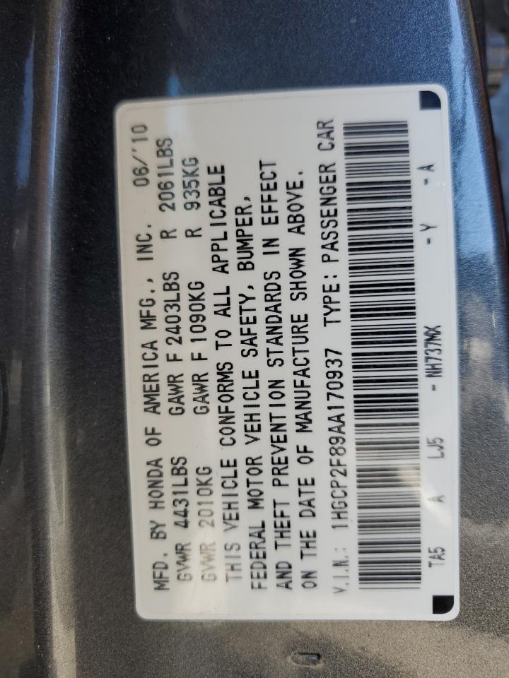 2010 Honda Accord Exl VIN: 1HGCP2F89AA170937 Lot: 71390005